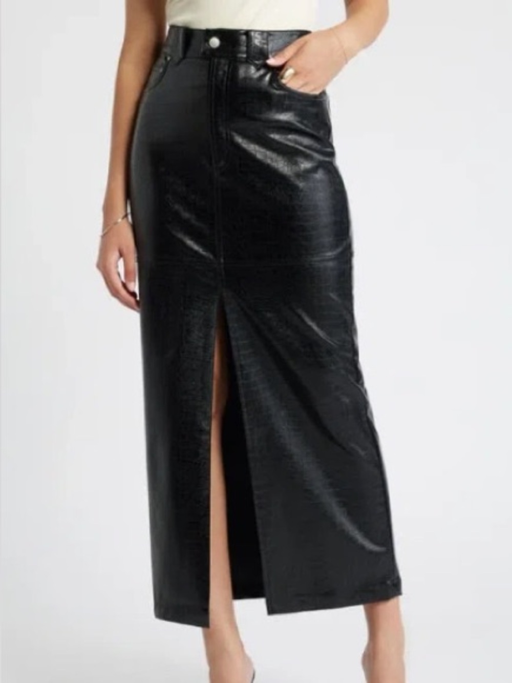 Black Faux Leather Croc-Embossed Pencil Skirt